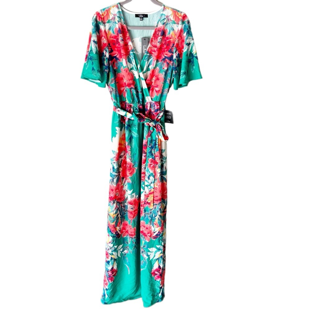 Lulu's Maxi Dress Women's XL Still In Paradise Green Floral Long Faux Wrap NWT